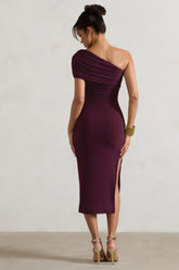 Plum Asymmetric One-Shoulder Split Midi Dress